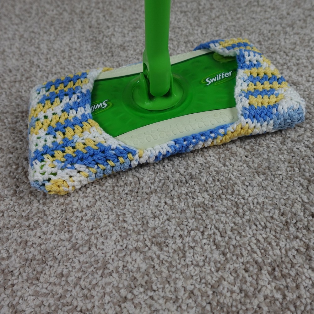 Handmade Reusable Crochet Mop Cover Blue Yellow Cotton Swiffer Compatible Pad - Picture 2 of 5